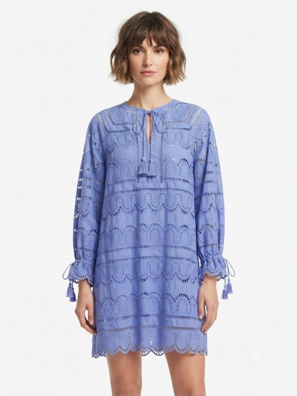 Pearl by Lela Rose Blue Eyelet Tassel Dress S